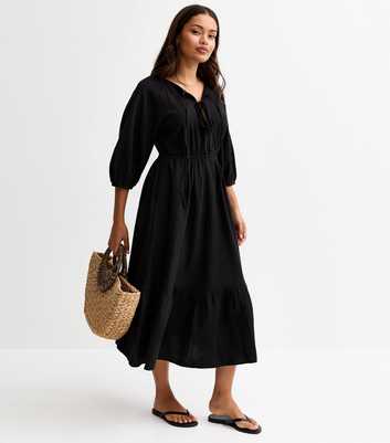 Petite Black Long Sleeve Tie Front Tiered Smock Midi Dress