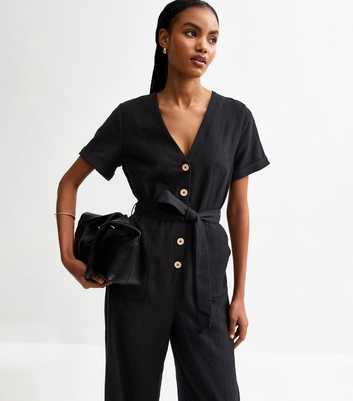 Tall Black V-Neck Button Through Jumpsuit