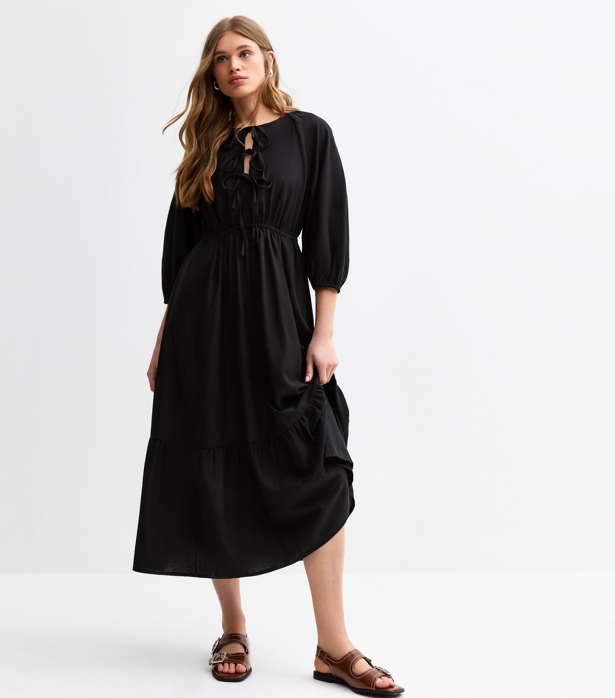 Women's Black Bow Front Midi Dress New Look
