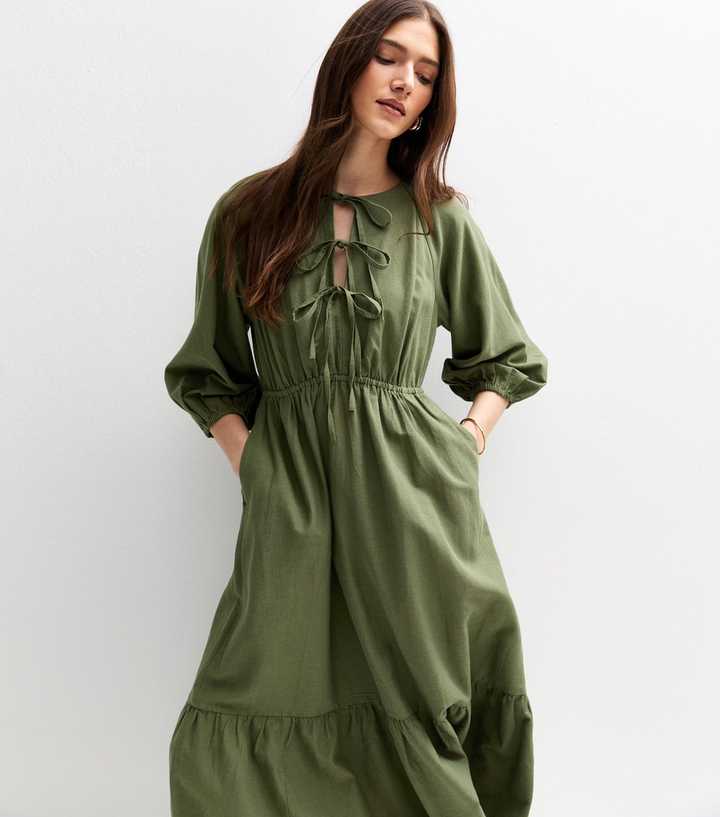 Khaki Bow Front Midi Dress