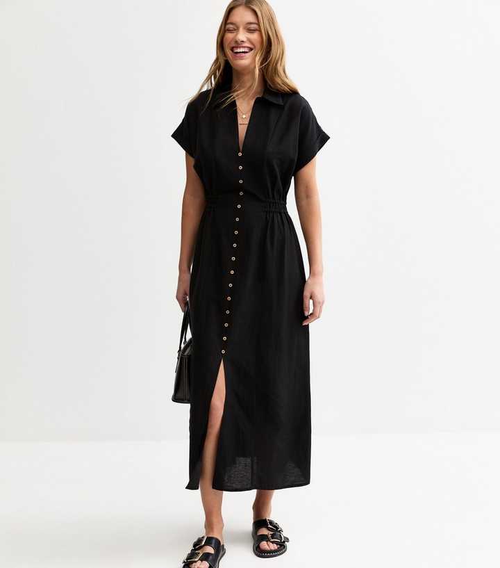 chinese dress ladies Black Linen Button Down Midi Dress – Handmade Summer main image 1