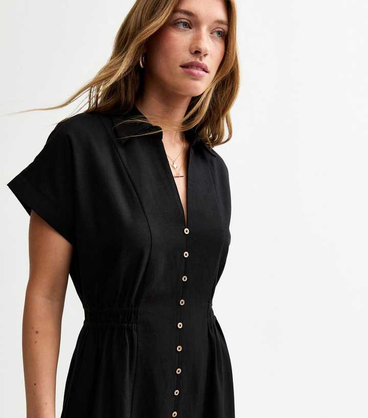 Black Linen-Look Shirred Waist Midi Shirt Dress | New Look Black Linen-Look Shirred Waist Midi Shirt Dress | New Look