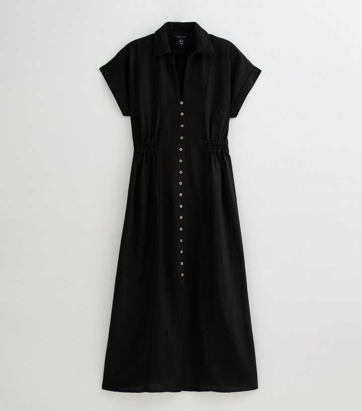 Black Linen-Look Shirred Waist Midi Shirt Dress | New Look