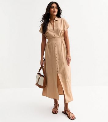 Camel Linen-Look Shirred Waist Midi Shirt Dress New Look