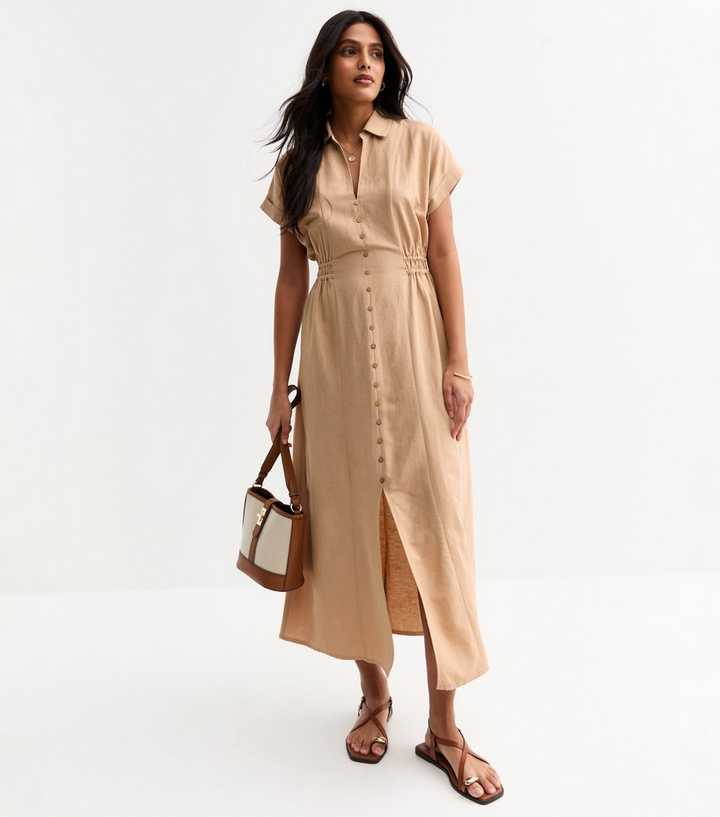 luiza mesh beaded backless mini dress Beige Shirtdress Midi Button Linen Blend Short Sleeve