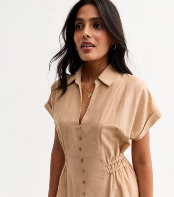 Blue Vanilla Tan Button Down Dress Camel Linen-Look Shirred Waist