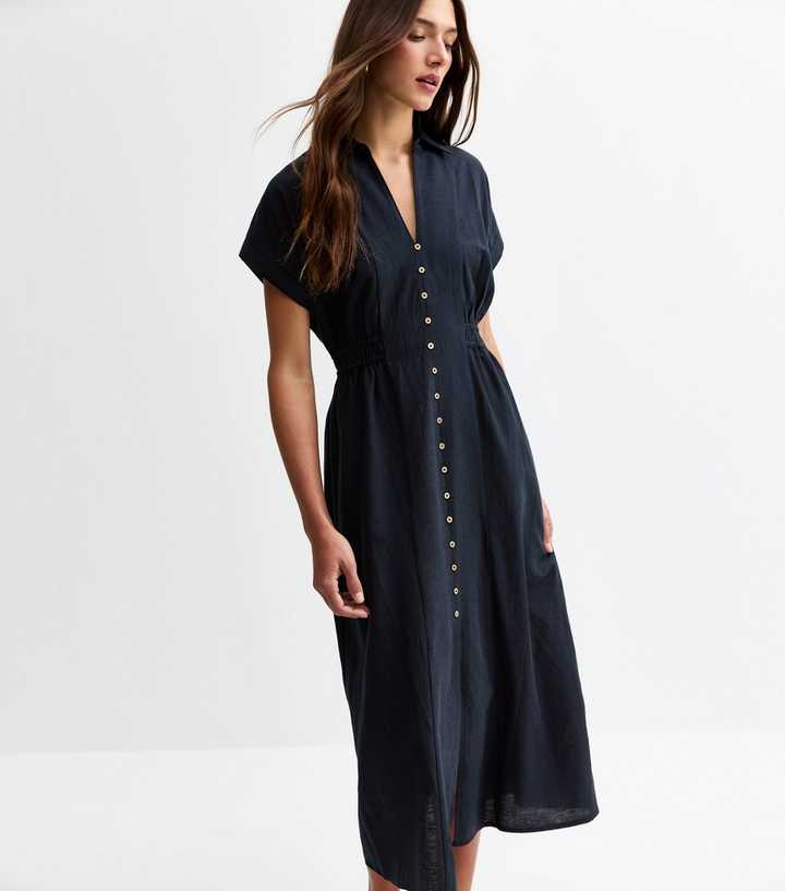 Navy Linen-Look Shirred Waist Midi Shirt Dress