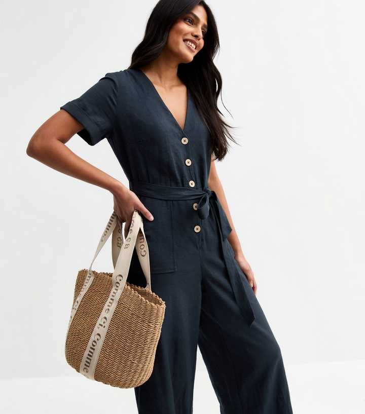 Navy V Neck Button Front Jumpsuit
