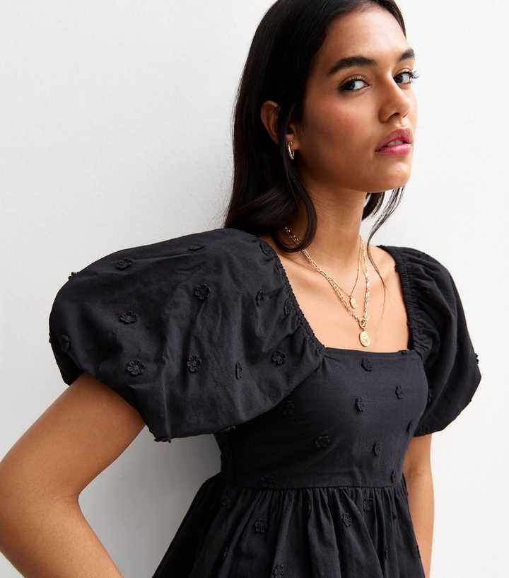 Black Daisy Embroidery Puff Sleeve Milkmaid Top