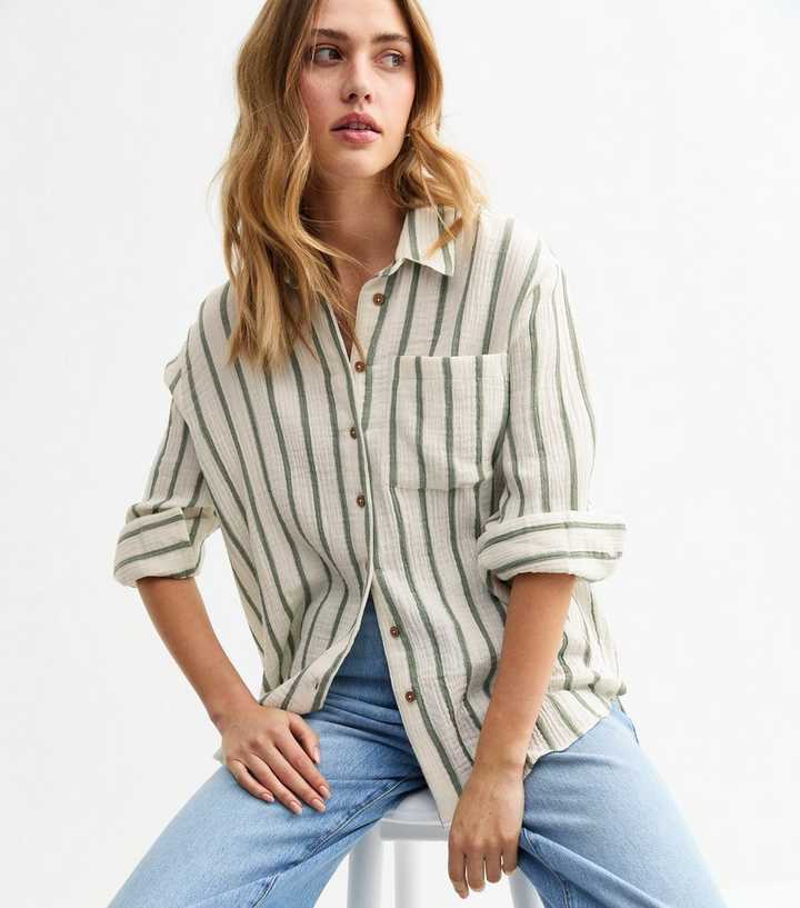 Green Striped Textured Cotton Shirt