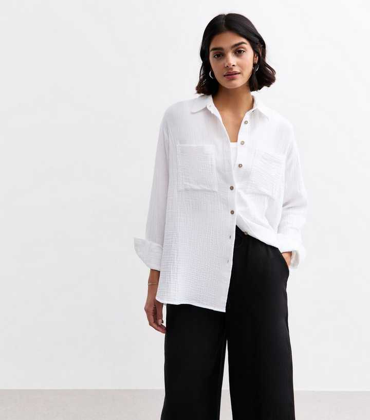 White Crinkled Texture Cotton Shirt