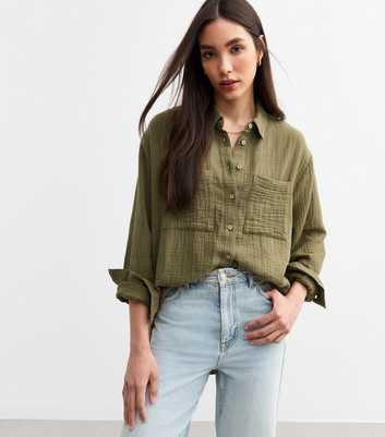 Khaki Crinkled Texture Cotton Shirt