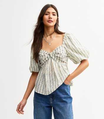 Blue Floral Print Puff Sleeve Milkmaid Top