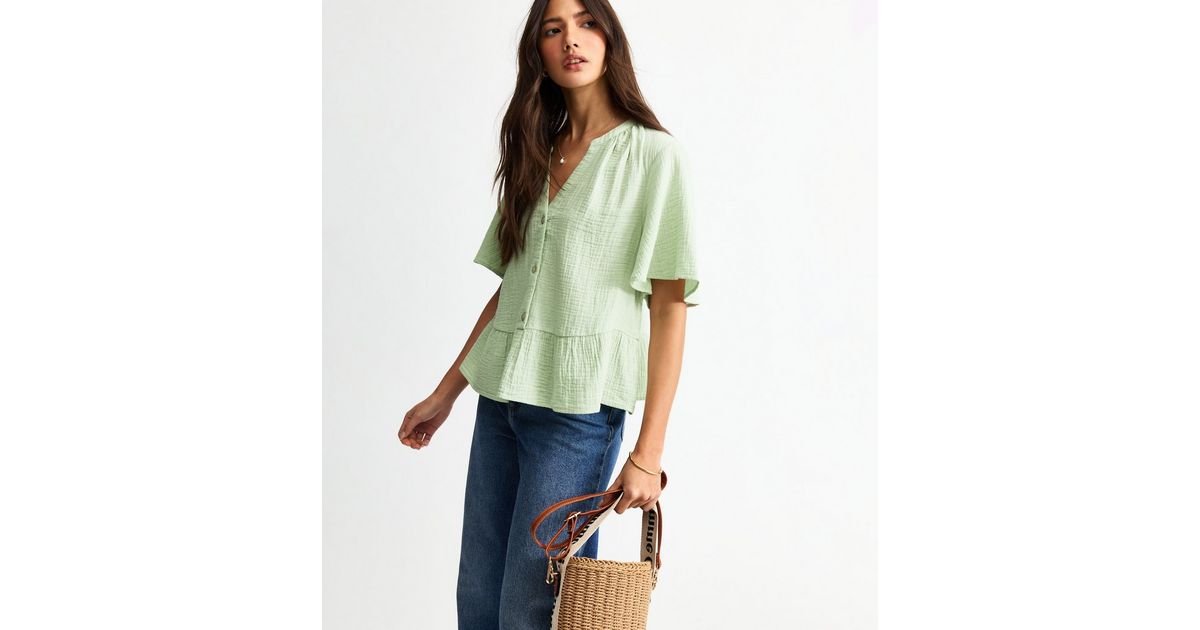 new tag green backless peplum pleat collar blouse ... L