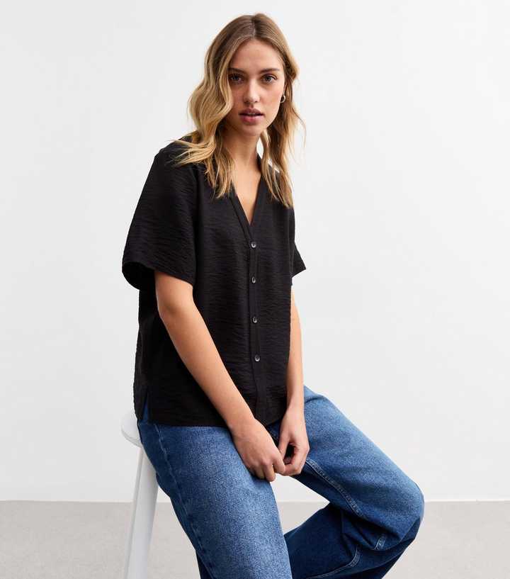 Black V Neck L/S Top with Buttons