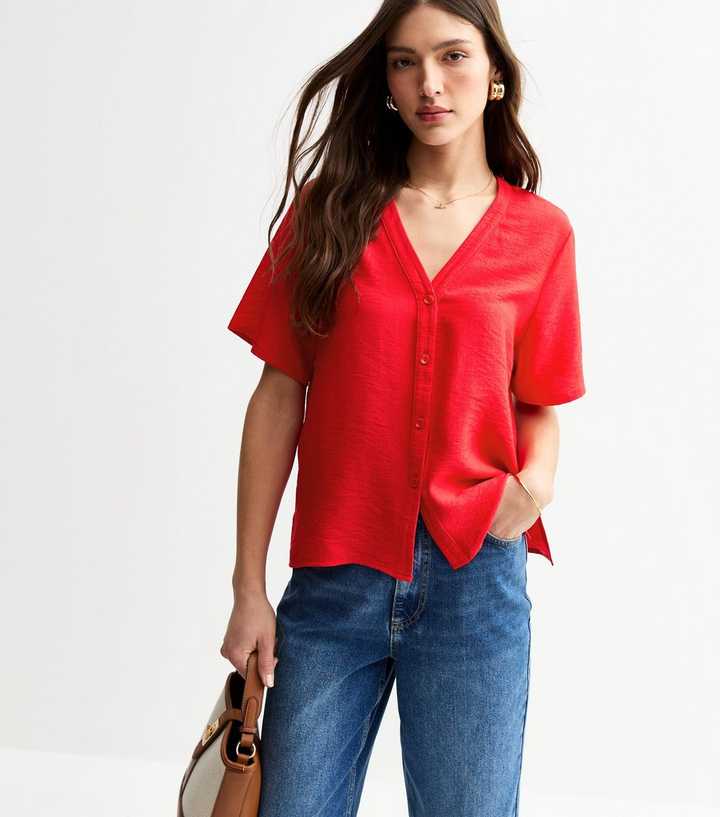 Red V-Neck Button Up Top
