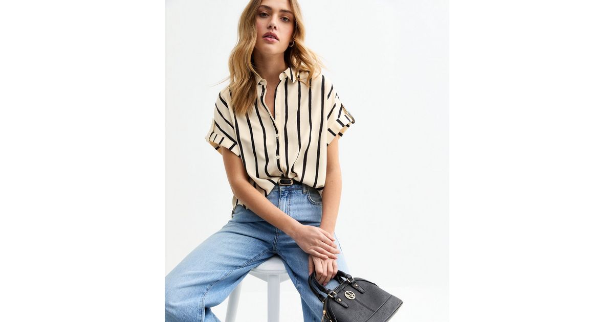 Collarless Short Sleeve Cotton Shirt Cream main image 1