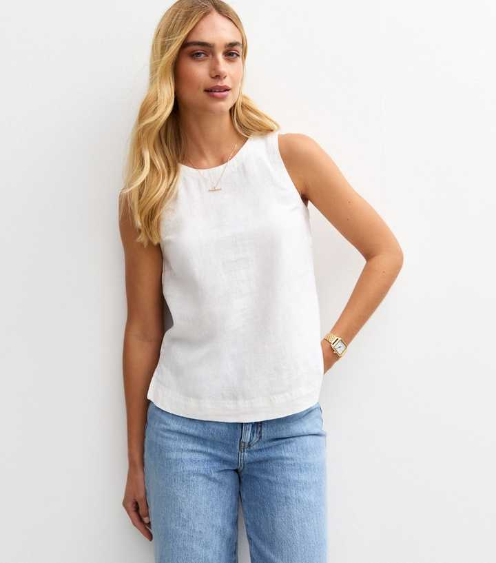 White Linen Look Sleeveless Top