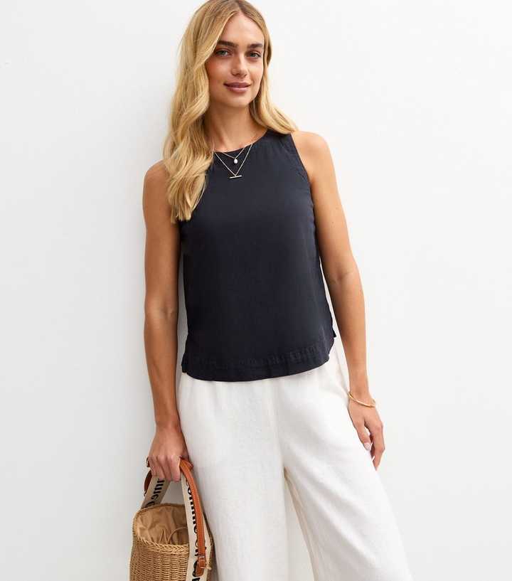 Navy Linen Look Sleeveless Top
