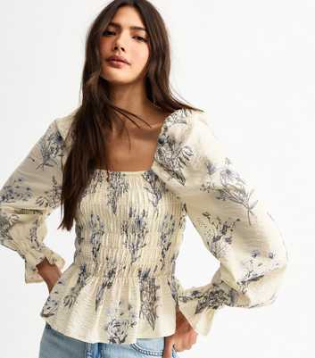 Off White Floral Print Shirred Top