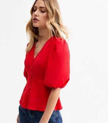 Bright Red V-Neck Button Front Top