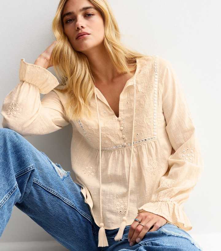 Pink Floral Mirror Embroidered Tie Neck Blouse