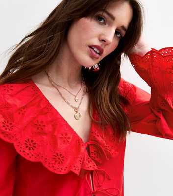 Red Broderie Anglaise Frill Collar Blouse