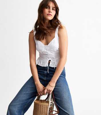 White Broderie Anglaise Lace Up Tie Cami Top