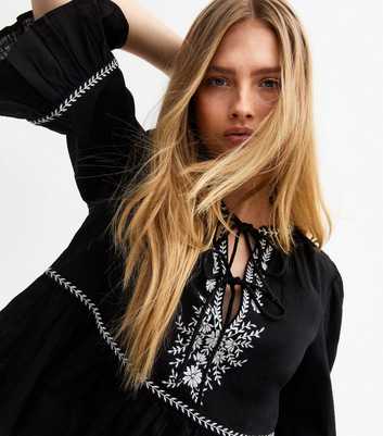 Black Floral Embroidered Tie Front Smock Top