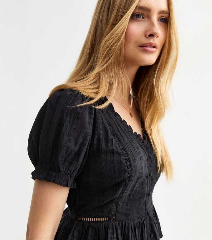 Black Broderie Anglaise Trim Oversized Collar Top