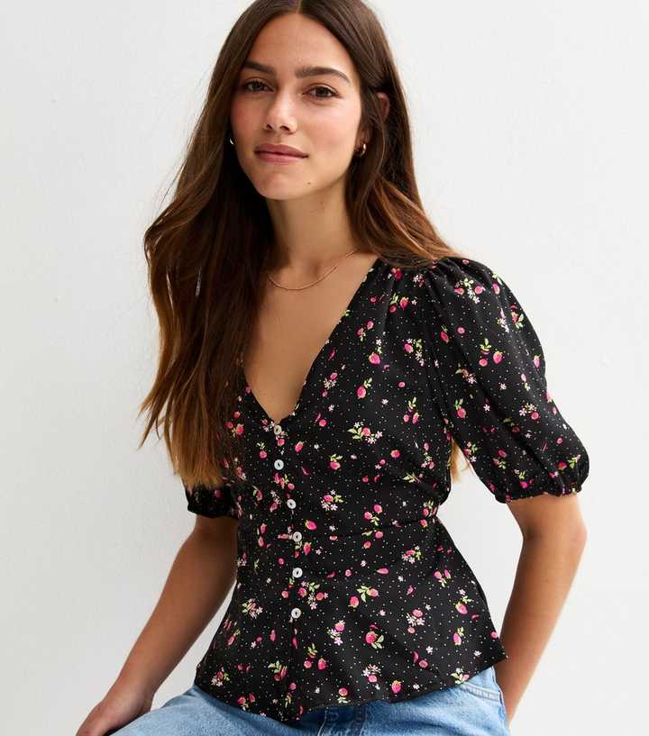 Petite Black Floral Print V-Neck Top