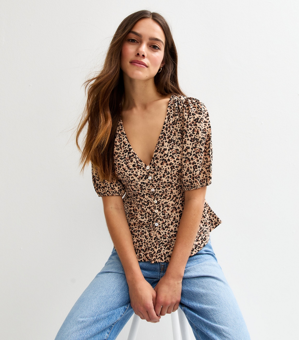 Women's Petite Brown Crepe Leopard Print Top New Look