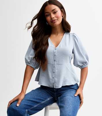 Petite Blue Crinkle Texture Button Front Tea Blouse