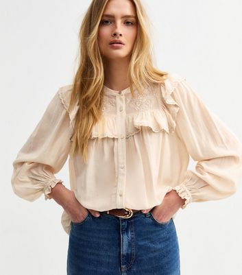 Cream Floral Embroidered Frill Trim Blouse | New Look