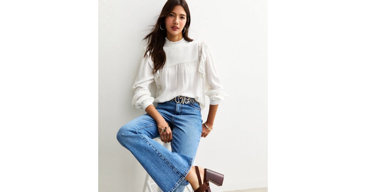 White Frilly Trimmed Lace Insert Blouse | New Look