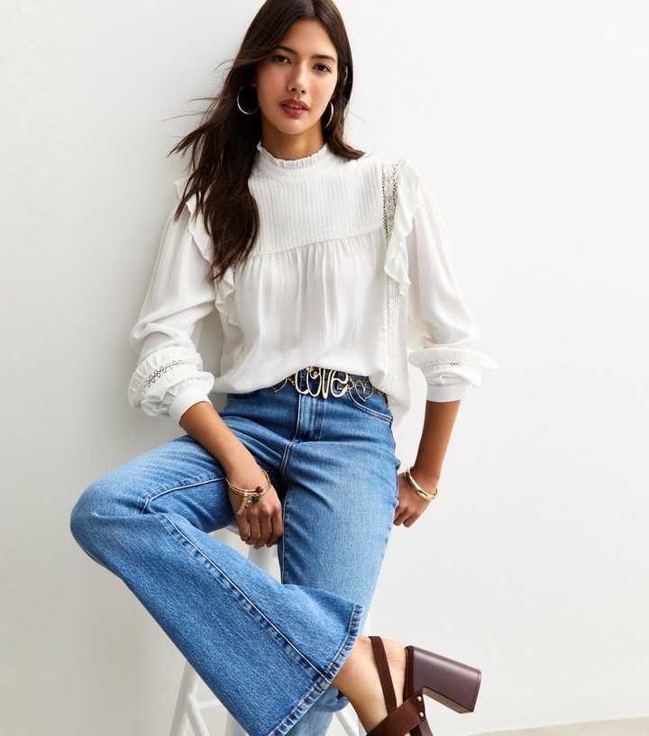 White Frilly Trimmed Lace Insert Blouse