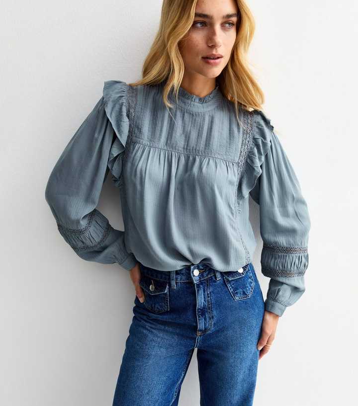 Blue Frilly Trimmed Lace Insert Blouse | New Look