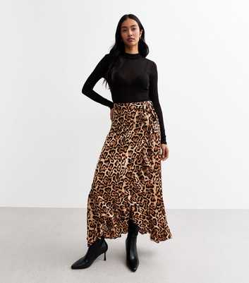 Gini London Brown Leopard Print Satin Wrap Skirt