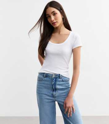 White Scoop Neck Rib Jersey T-Shirt