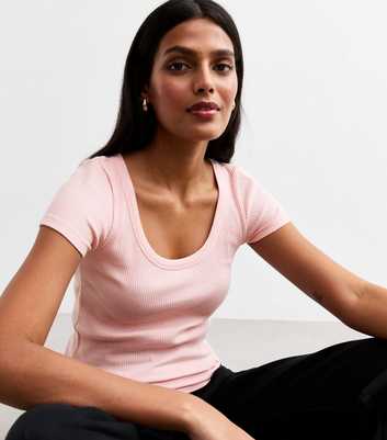 Light Pink Scoop Neck Rib Jersey T-Shirt