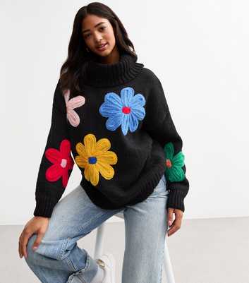 Gini London Black Flower Patch Roll Neck Jumper