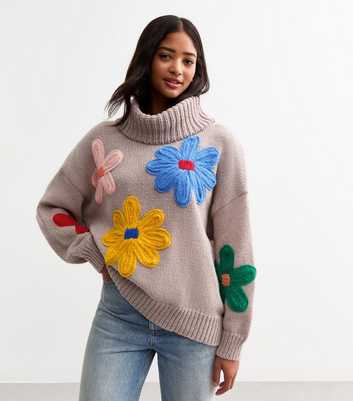 Gini London Mink Flower Patch Roll Neck Jumper