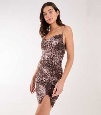 Pink Vanilla Brown Leopard Print Slit Hem Lace Mini Dress