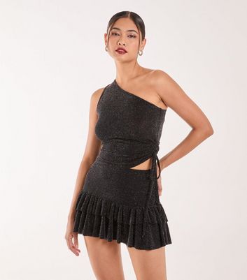 One shoulder black ruffle top online