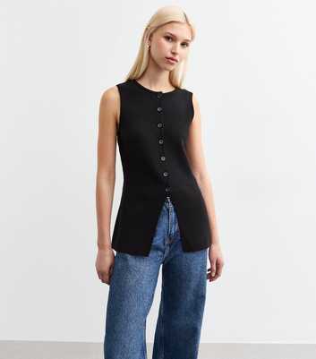 Black Long Split Hem Knit Vest