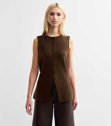 Brown Long Split Hem Knit Vest