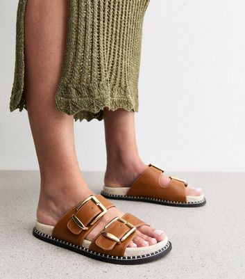 Tan Faux Leather Whipstitch Detail Sandals