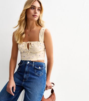 トップス crinkle crinkle crinkle monster cami White Crinkle Texture Floral Print Tie Front Cami Top | New Look