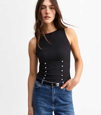 Black Ribbed Stud Detail Vest Top