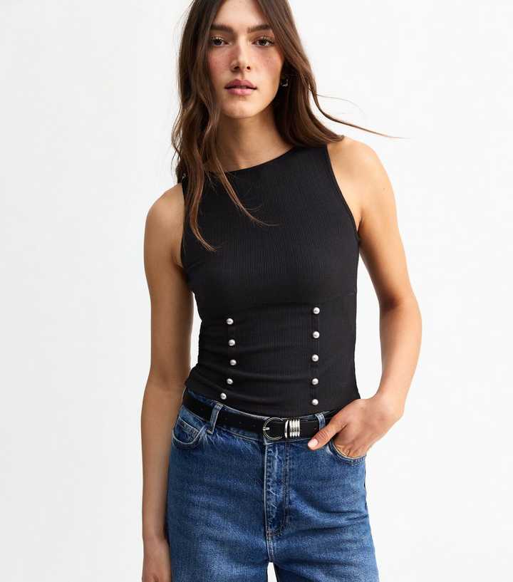 Black Ribbed Stud Detail Vest Top